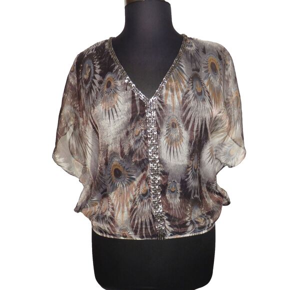 Forever 21 Sheer Feather Print Beaded Elastic Waist Flutter Sleeve Blouse Size L - Picture 3 of 8